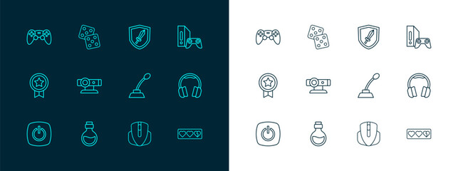 Set line Game console with joystick, Bottle magic elixir, Microphone, Computer mouse, Web camera, Sword for game, controller and dice icon. Vector