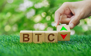 Hand turns wooden cube with word BTC ( Bitcoin) and arrow down change to arrow up over green bokeh...