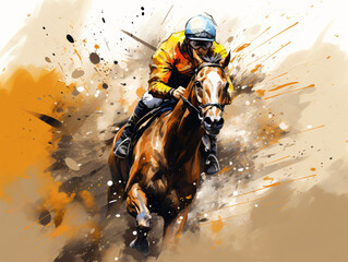 watercolor illustration, a racing horse with its jockey is portrayed in the dynamic realm of equestrian sports.