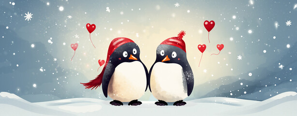 two penguins in love on a christmas background, legal AI