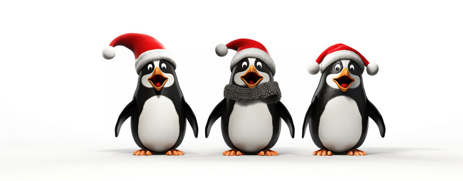 three cartoon penguins on a white background sing a song. christmas card, legal AI