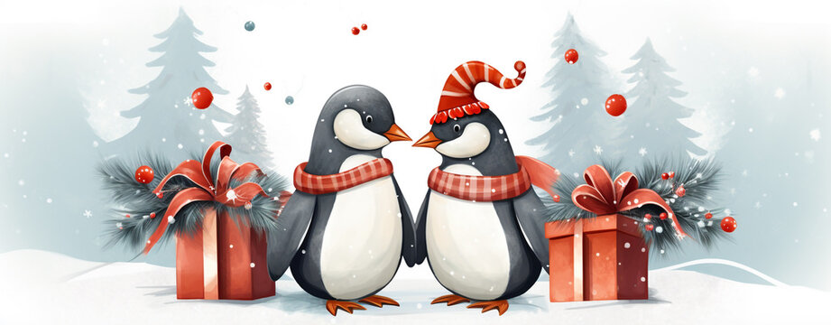 two penguins in love with gifts on christmas background, legal AI