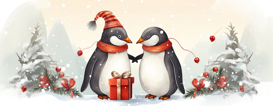 two cartoon penguins in love with gifts. christmas card, legal AI