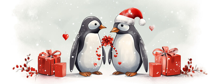 two penguins in love with gifts. christmas card, legal AI