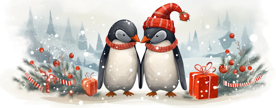 two penguins in love on a christmas background with gifts, legal AI