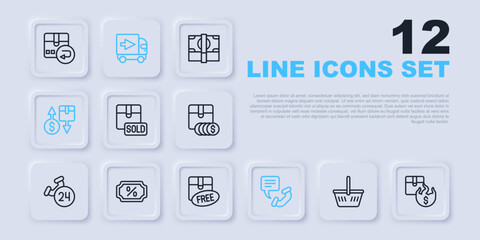 Set line Shopping basket, Hot price, Sold, Telephone 24 hours support, Tax cardboard box, Discount percent tag, Delivery cargo truck and Cardboard with free symbol icon. Vector