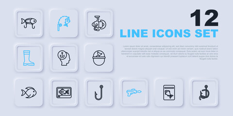 Set line Served fish on plate, Fishing hook and worm, Fisherman, harpoon, boots, finder echo sounder, rod and icon. Vector