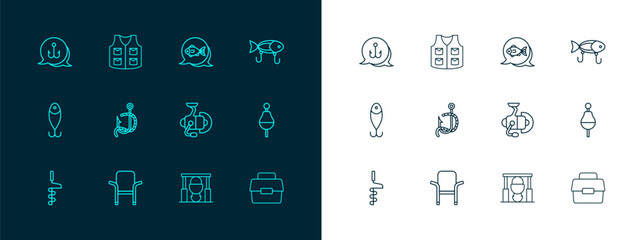 Set line Fishing lure, Camping folding chair, Spinning reel for fishing, Campfire and pot, hook worm, and jacket icon. Vector