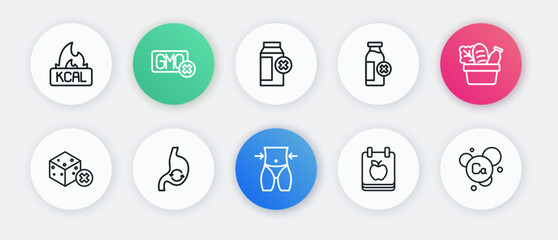 Set line Women waist, Shopping bag and food, No sugar free, Diet plan, Lactose intolerance, Calcium and Human stomach health icon. Vector