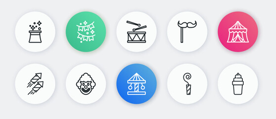 Set line Attraction carousel, Circus tent, Firework rocket, Birthday party horn, Paper mustache stick, Drum with drum sticks, Ice cream in waffle and Clown head icon. Vector