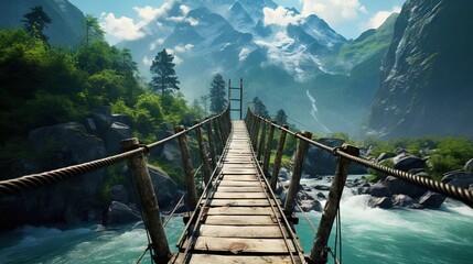  a bridge over a river with a mountain in the background.  generative ai