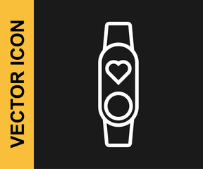 White line Smart watch showing heart beat rate icon isolated on black background. Fitness App concept. Vector