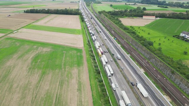Weilbach, Germany - August 24, 2023: Dense traffic and traffic jam on German highway A3 between Raunheim and Wiesbadener Kreuz