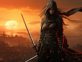 Woman warrior silhouette with samurai sword at fiery sunset in Asian style AI