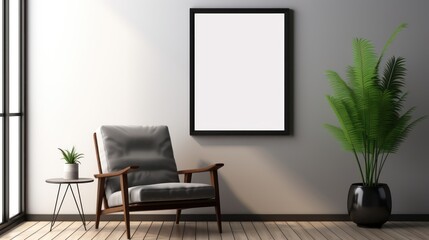 Modern living room interior. Interior and Blank picture frame background mockup and armchairs with the gray wall.