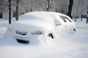 Car Covered in Snow Waiting for Winter Storm To Clear - obrazy, fototapety, plakaty