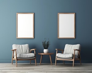 Modern living room interior. Interior and frame mockup. Two white armchairs with the blue wall.