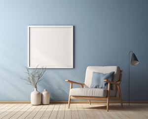 Modern living room interior. Interior and frame mockup. Two white armchairs with the blue wall.