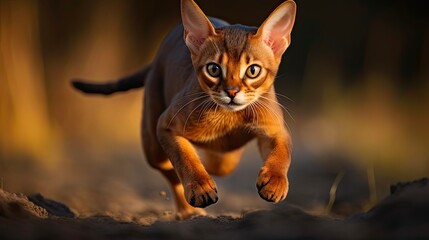 Fototapeta na wymiar Beautiful Abyssinian Cat in Action. Adorable Brown-Breed Cat with Charming Claws Showing its Casual Attire