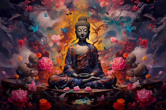 buddha in colorful vintage style illustration. Abstract painting, oil painting