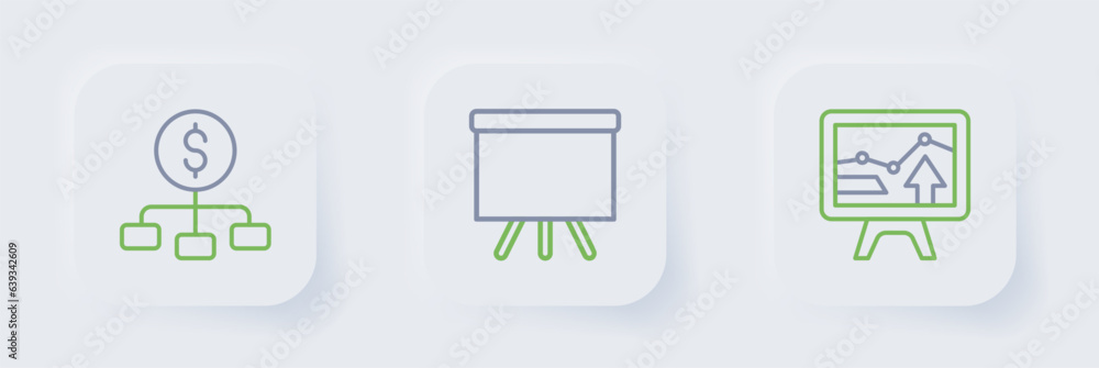 Poster set line monitor with graph chart, chalkboard and hierarchy dollar icon. vector