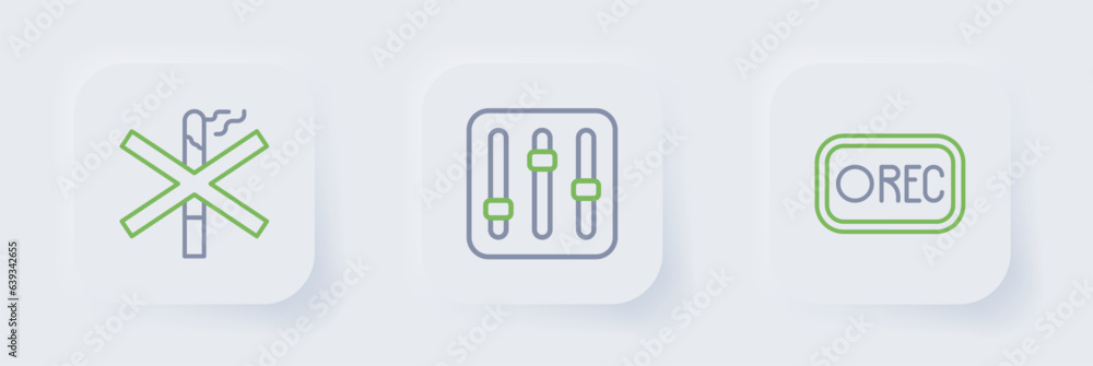Poster set line record button, sound mixer controller and no smoking icon. vector