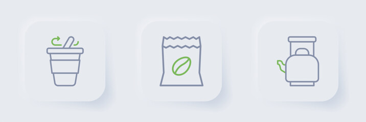 Set line Kettle with handle, Bag of coffee beans and Coffee cup to go icon. Vector