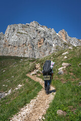 A tourist with a backpack walks along a path in the mountains.