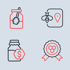 Set line Bee location, Sale in jar of honey, Honey award and Jar and dipper stick icon. Vector