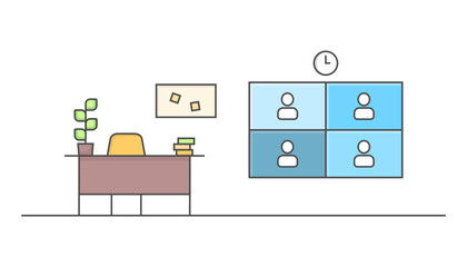 Illustration of a classroom with a teacher's desk and a modern blackboard. Video communication with students
