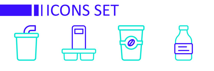 Set line Bottle of water, Coffee cup to go, and Paper glass with icon. Vector