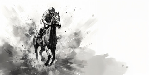 Fototapeta premium watercolor illustration, a racing horse with its jockey is portrayed in the dynamic realm of equestrian sports