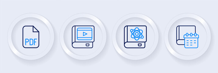 Set line Daily paper notepad, Book about physics, cinema and PDF file document icon. Vector