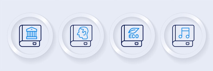 Set line Audio book, Book about ecology, Law and icon. Vector