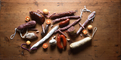 still life of sausages on a wood