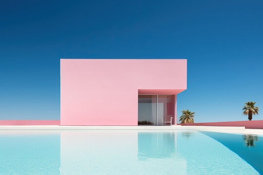 A pink house sitting on top of a blue pool created with Generative AI technology