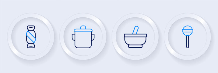 Set line Lollipop, Mortar and pestle, Cooking pot and Candy icon. Vector