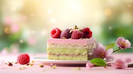 Layered matcha biscuit cake with pistachio and raspberry souffle on colored blurred background. Healthy sweet food concept. Matcha dessert banner with copy space for ads, menu, cards. Matcha sweets