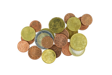 Euro coins money isolated on transparent background  top view.