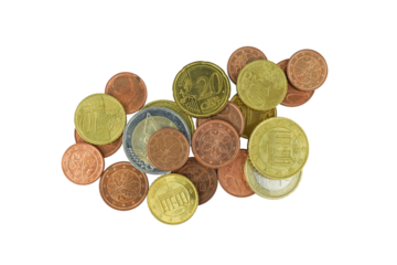 Euro coins money isolated on transparent background  top view.