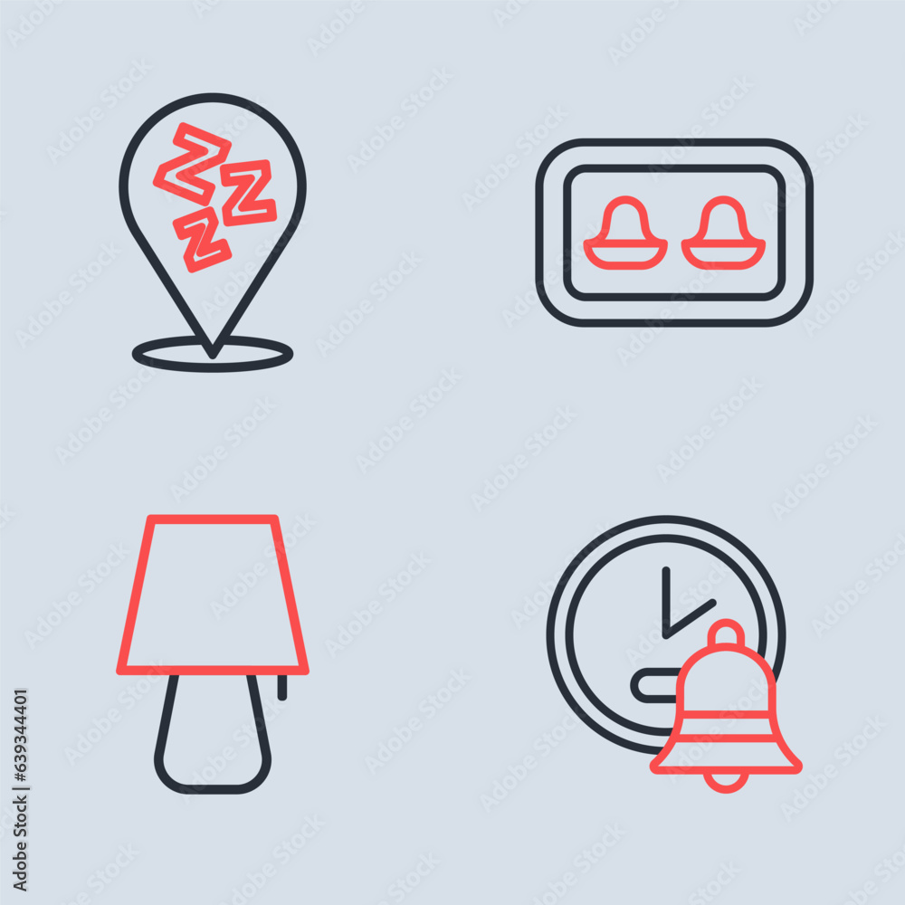 Poster set line earplugs with storage box, table lamp, alarm clock and sleepy icon. vector