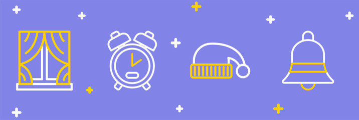 Set line Ringing bell, Sleeping hat, Alarm clock and Window with curtains icon. Vector