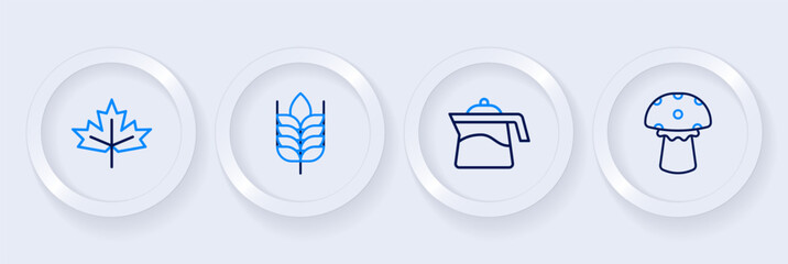 Set line Mushroom, Teapot, Wheat and Canadian maple leaf icon. Vector