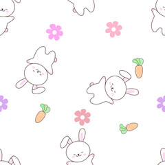 Cute seamless white rabbit on a white background decorated with carrots and flowers.