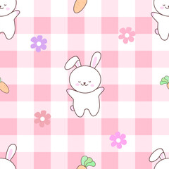 Cute seamless pattern white rabbits on pink plaid decorated with cute carrots and flowers.