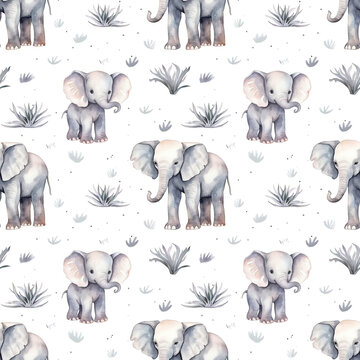 Seamless pattern with cute elephant on light background.