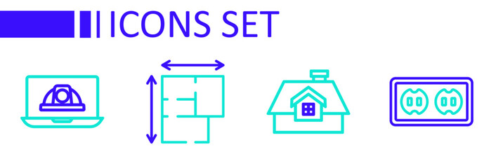 Set line Electrical outlet, House, plan and Worker safety helmet icon. Vector