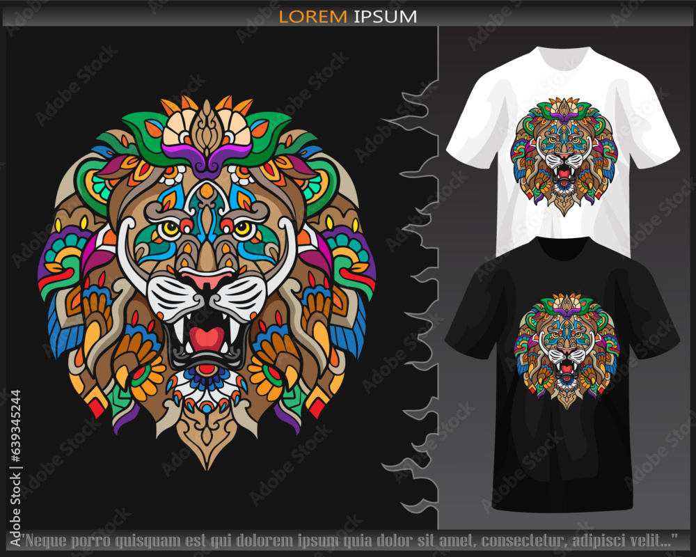 Wall mural colorful lion head mandala arts isolated on black and white t shirt.