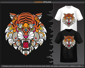Colorful Tiger head mandala arts isolated on black and white t shirt.