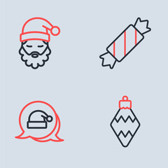 Set line Candy, Christmas Santa Claus hat, toy and beard icon. Vector